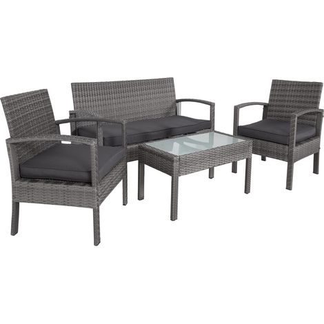 CASARIA® Conjunto de Jardín Exterior para 4 Personas 2 Sillones Banco Mesa Cristal Mobiliario Poliratán Resistente a la Intemperie Cojines de 5 cm Fundas Gris (1/5)