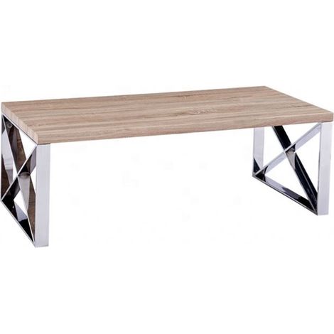 Tavolino da Salotto Sala Pranzo Ingresso Soggiorno Studio Tavolo Basso in Legno Con Gambe In Metallo Cromato Lucido, Design Elegante e Moderno, Bordeaux 120 x 60 x 43 cm, Rovere (1/2)