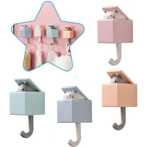 4 Crochets Muraux Adhésifs Chat, Porte-Manteau Sans Perçage pour Clés, Serviettes et Sacs (1/5)