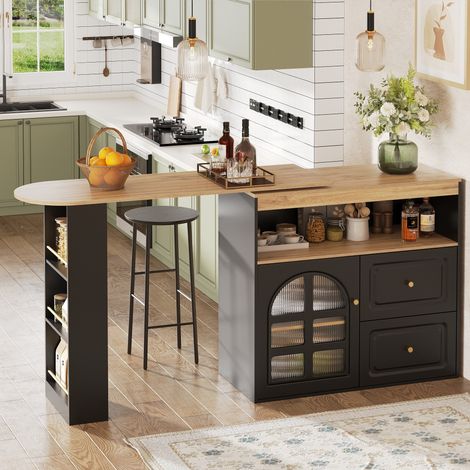 Table de bar extensible 138–204 cm, 2 tiroirs, compartiment de rangement ouvert, plateau en bois, buffet pivotant avec étagères et verre incurvé, design, Noir (1/5)