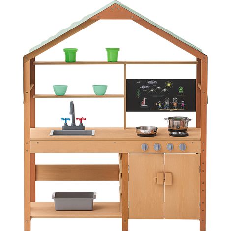 Mophorn Cocina de barro para niños, juego de cocina de madera con estufas, fregadero, jardineras, pizarra y utensilios de cocina, juego de exterior para niños pequeños. (1/5)