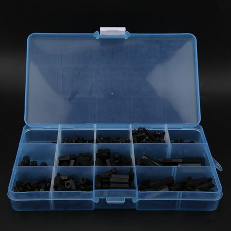 Boîte de 310 pièces de vis, écrous et rondelles en nylon M3, assortiment mâle-femelle-femelle-entretoise (noir) (1/5)