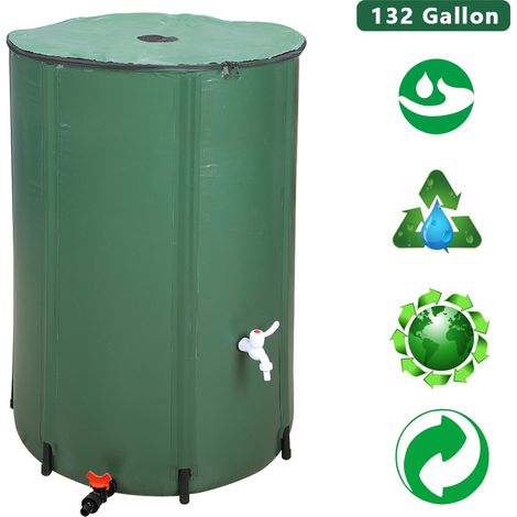 Récupérateur Eau de Pluie Pliable 132 Gallon, Collecteur Tonneau Eau de Pluie Gouttiere, Recuperateur Eau avec Robinet, Filtre, Soupape de Décharge, 8X Tiges de Support, Couvercle, Cuve Eau Jardin