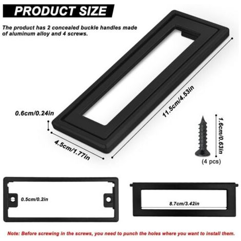 Lot de 2 poignées de porte encastrées carrées noires, 4,53 x 1,77 pouces, pour armoires et tiroirs, en alliage de zinc, pour trappe en métal, plates (1/3)