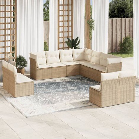 Ensemble de canapé de jardin 11 pièces avec coussins, en polyrotin beige (1/3)