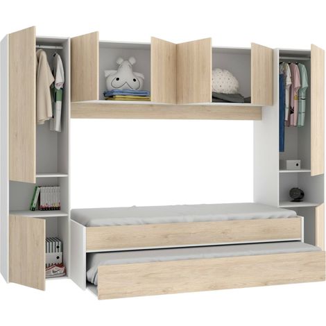 Dmora - Letto per bambini Venturosa, Cameretta completa con armadio a ponte e cassettone, Composizione con letto e lettino singolo estraibile, 303x97h203 cm, Rovere e Bianco, con imballo rinforzato