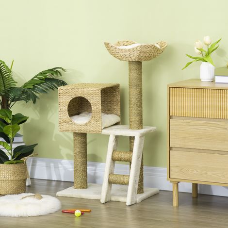PawHut Katzenbaum für mittelgroße Katzen, 100,5 cm hoch, Katzenkratzbaum mit Liegefläche und Schilfhöhle