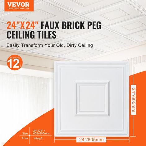 Dalles de Plafond PVC, Lot de 12, Tuiles de Plafond Plastique à Coller, 605x605 mm, Installation Découpe Facile, Revêtement de Plafond pour Décoration de Maison, Bureau, Motif Géométrique, Blanc (1/5)