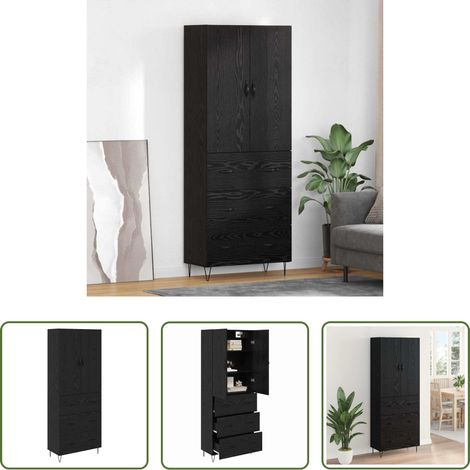 Hochschrank Schwarz Eichen-Optik - Highboard 2 Stück Schwarz Eichen-Optik Ingenieurholz und Glas (1/5)