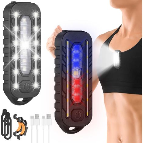 Paquete de 2 luces LED recargables por USB con clip - 150 lm - 5 modos de iluminación - Resistente al agua IPX4 - Ideal para correr, trotar, acampar y pasear al perro (1/5)