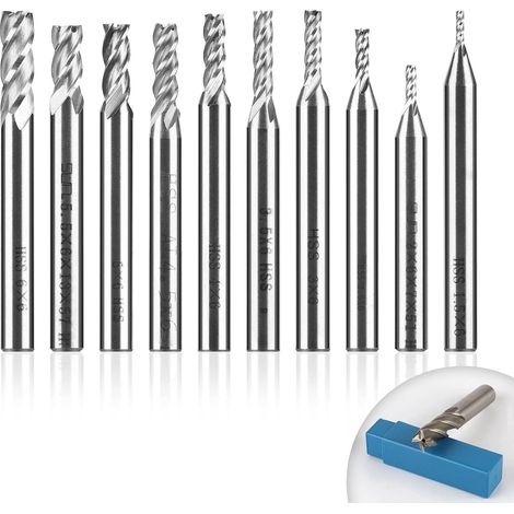 Satz mit 10 Schaftfräsern, φ1,5–6 mm, 4-schneidiger CNC-Fräser, Zylinderschaftfräser, 4-schneidiger HSS-Fräser für Aluminium, Holz, Glas und organische Oberflächenbearbeitung (1/5)