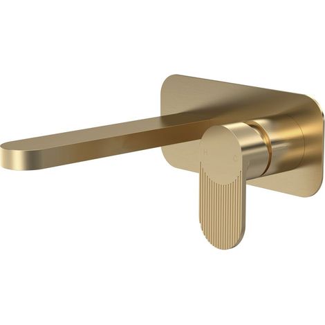 Nuie Cyprus Fluted 2-Hole Wall Mounted Basin Mixer Tap with Plate - Brushed Brass (1/3)