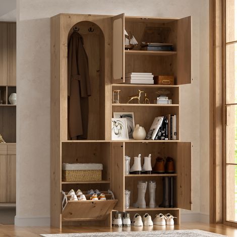 Vestiaire d’entrée 120 x 35 x 200 cm avec patères pour manteaux, 4 portes et étagères réglables, meuble d’entrée, panneaux de particules, couleur bois (1/5)