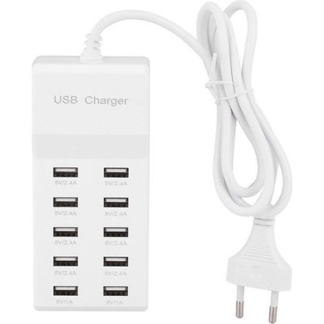 Chargeur USB - 10 Ports - Sortie Totale 10 A - Compatibilité Universelle 5 V - Pour Téléphone Mobile Et Appareils Électroniques - Blanc (1/5)