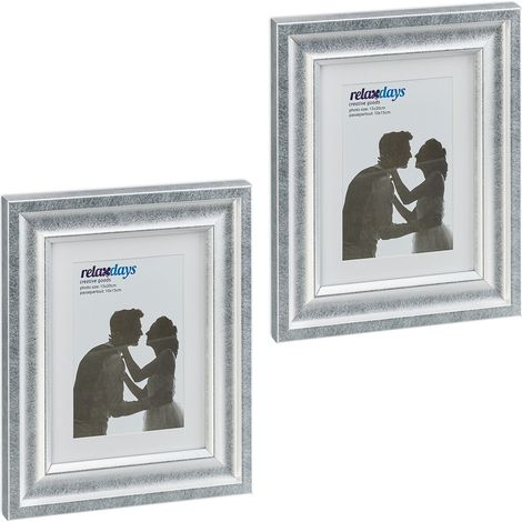 Relaxdays Set da 2 Cornici Portafoto, 15x20 cm, Porta Foto Passpartout, Verticale ed Orizzontale, Muro e Tavolo, Argento