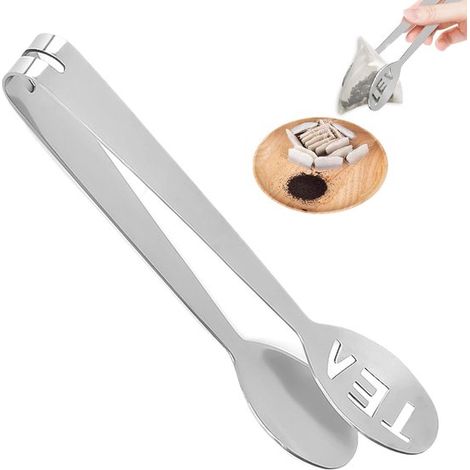 Juego de 2 pinzas de acero inoxidable para bolsitas de té con texto TEA troquelado，para uso en el hogar，la oficina y cafeterías (1/5)