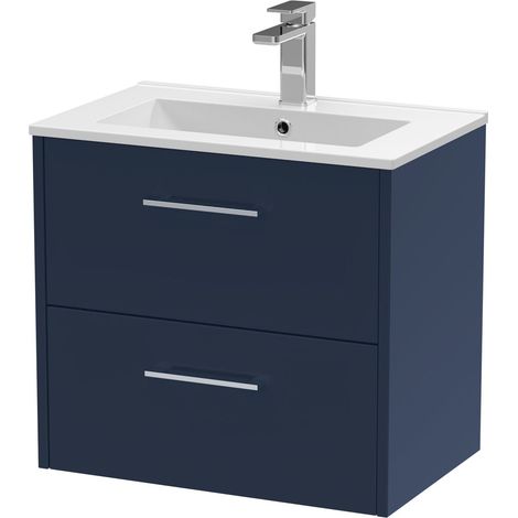 Winshill Contemporary 2 Drawer Wall Hung Vanity Unit with Minimalist Basin, Dark Blue, 600mm