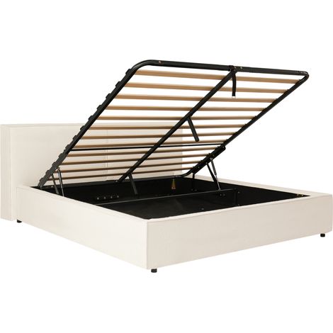 Cama con canapé doble 180 x 200 cm con somier, cabecero capitoné, bouclé blanca (1/5)