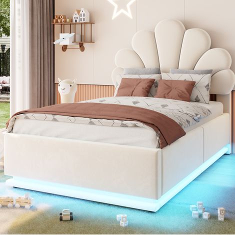 Etagenbett 90/200 cm beige mit Stauraum, LED und floraler Kopfstütze aus Samt (1/5)