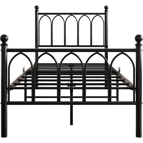 Cadre de lit métallique 90x200 cm, tête et pied vintage, supports en acier, rangement sous lit – Noir, sans sommier à ressorts