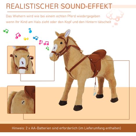 Cheval à bascule roulant 60 cm avec selle, bride, étriers et sons. Jouet d’éveil à chevaucher pour enfants dès 2 ans, en peluche beige, usage intérieur/extérieur. (1/4)