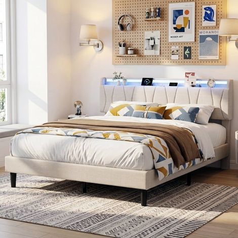 Lit double 160x200 lit rembourré LED avec ports USB Type-C élégamment capitonné en lin moderne pour chambre adulte - Beige (1/5)