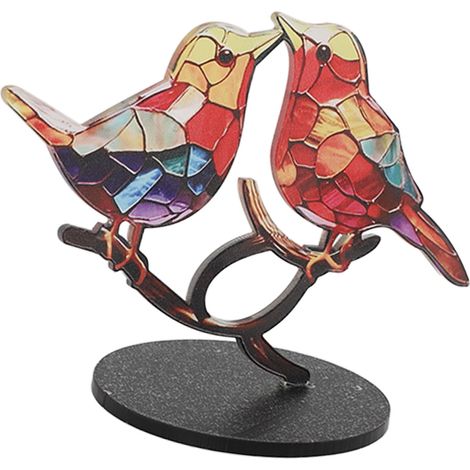 Oiseaux sur une branche - Ornement artisanal en acrylique coloré - Figurine décorative plate représentant un animal vivant, idéale pour la papeterie et le bureau (2 oiseaux) (1/5)