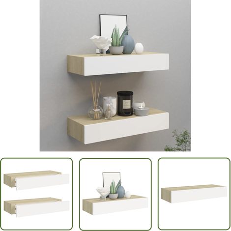 INLIFE Étagères à tiroir murales 2 pcs Chêne et blanc 60x23,5x10cm MDF (1/5)