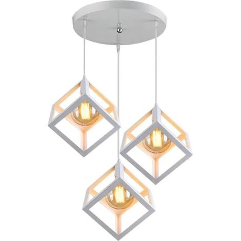 U-DO 3 Têtes Lustre Disque Blanc Suspension forme Carré Lampe Cage en Fer Blanc pour Couloir Restaurant Salon (1/4)