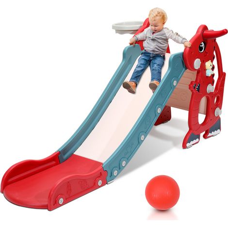 Scivolo 4 in 1 per bambini Area giochi da giardino pieghevole con canestro da basket Anello di lancio Studenti di lingua inglese rosso