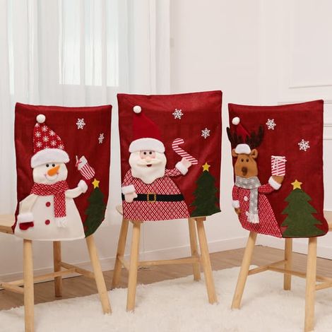 Lot de 3 housses de chaise rouges imprimées Noël (vieil homme, orignal, bonhomme de neige) - Accessoires de décoration pour salle à manger - 56 x 47 cm (1/5)