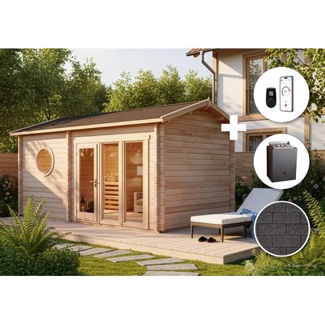 Kit tout-en-un sauna extérieur Courchevel Naturel , 70 mm Épaisseur de paroi 581 x 356 cm (1/5)
