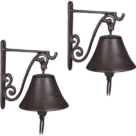 2x Campana per Porta in Ghisa Antica, Stile Rustico, a Parete da Ingresso, Deco da Giardino, Resistente, Marrone