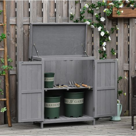 Armoire de jardin en bois gris, double porte et 2 étagères pour rangement extérieur, idéale pour garage, balcon ou terrasse – CHICFURN (1/5)