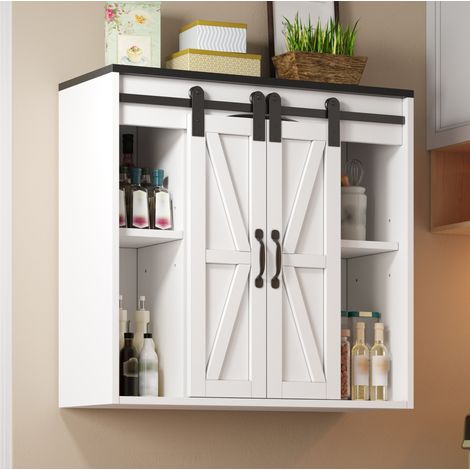 Mobile pensile contenitore 80 x 31 x 76 cm con 2 ante scorrevoli, ripiani regolabili, MDF bianco (1/5)