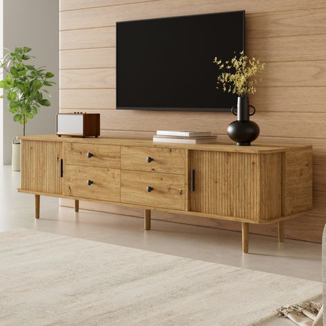 TV-Lowboard 165 cm aus MDF mit 4 Schubladen und 2 Schiebetüren in Holzoptik (1/5)