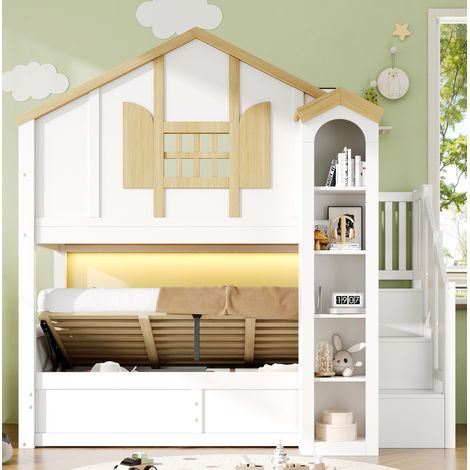 Litera infantil con cama inferior hidráulica, pino y MDF, LED y escalera, blanca/natural (1/5)