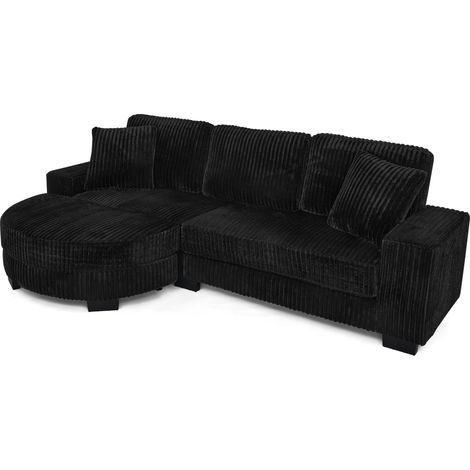 GagaCanapé d'angle en L – 4 places, 256,5 x 133,5 x 89 cm, velours côtelé classique, design modulaire avec pouf ovale, 2 coussins inclus, idéal pour salon, appartement et bureau, noir (1/5)