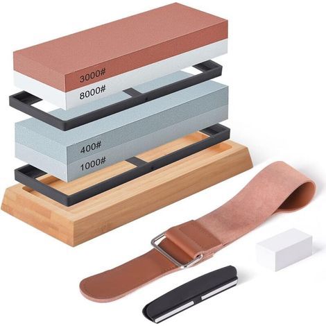Sharpening Stones, Knife Sharpening Kit 400/1000 3000/8000 Grit, Sharpening Stones with Non-Slip Bamboo Base, Flattening Stone, Angle Guide and Leather Lanyard (1/5)