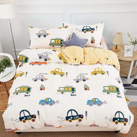 Parure de lit 3 pièces pour Enfant - 100% Coton - pour garçons et Filles - Réversible - Rayures Jaunes (1 Housse de Couette + 2 taies d'oreiller) (1/5)