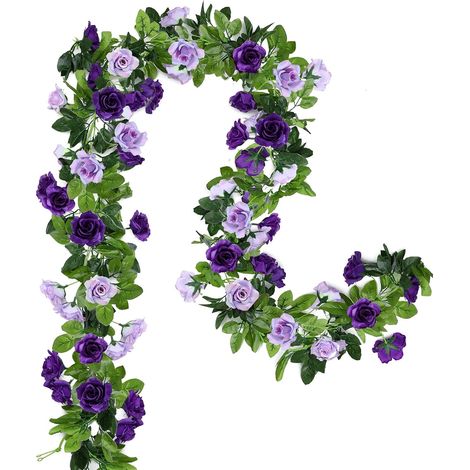 2 ghirlande di fiori artificiali da 4,8 metri (15,8 piedi) con viti di rose in seta, fiori pendenti per arco nuziale, feste, casa, giardino, decorazione murale (viola) (1/5)