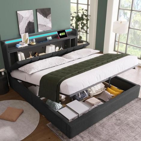 Lit coffre - KOMHTOM - Lit LED 140x190 cm - Sommier à lattes inclus - Tête de lit avec rangement & USB‑C - LED RGBW contrôlable app (1/5)