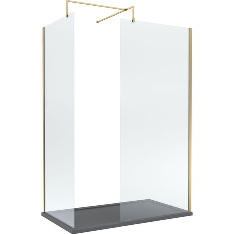 8mm Glass Walk In Wetroom Screens with Brushed Brass Profile and Slate Grey Shower Tray - 1400 x 900mm