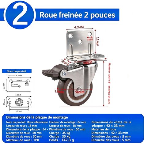Lot de 2 roulettes de meuble à plaque en L 50 mm, pivotant à 360° avec frein, roue silencieuse TPR, charge 35 kg pour lit bébé et mobilier (1/5)