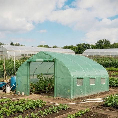 Serre tunnel de 3,5 m x 3 m x 2 m avec porte moustiquaire zippée, 7 fenêtres moustiquaires, parois latérales enroulables et arceaux en acier galvanisé pour une culture optimale. (1/5)
