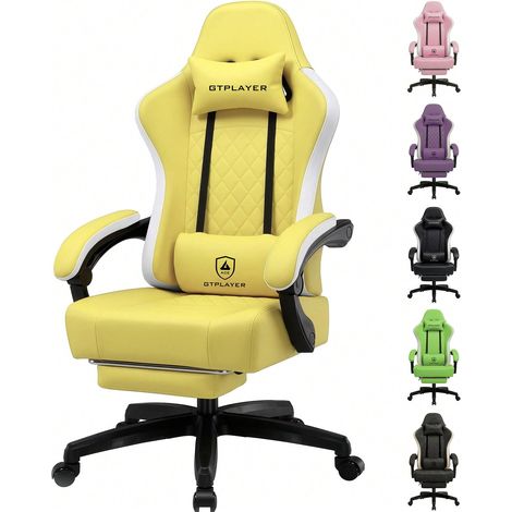Chaise Gaming Ergonomique en Simili-Cuir, Coussin à Ressorts, Accoudoirs Fixes et Repose-Pieds, Capacité 150kg - Jaune (1/5)
