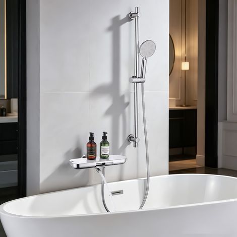 Mitigeur de Douche Chromé avec Étagère, Douchette 5 Fonctions, Bec Orientable 360°, Barre Réglable, Robinet de Baignoire Mural en Acier Inoxydable (1/5)