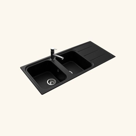 Évier granit noir 116x50 cm – 2 bacs réversibles – Évier à encastrer avec vidage manuel – Bonde et siphon inclus – EWI