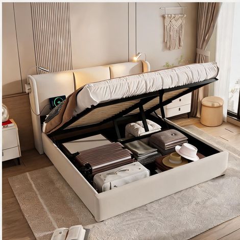 Cadre de lit beige en lin 206 x 145 x 107 cm (1/5)