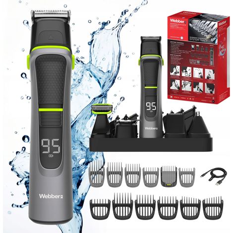 Tondeuse Webber 14 en 1 pour homme - Rasoir + Barbe + Cheveux + Nez - Utilisation sur peau sèche ou humide - Kit PRO